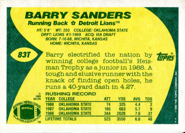 Barry Sanders 1989 Topps Rookie Card #83T