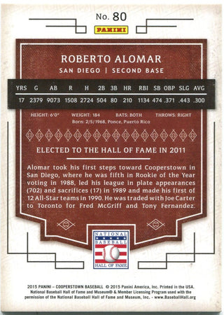 Roberto Alomar Panini Cooperstown 1/10 2011