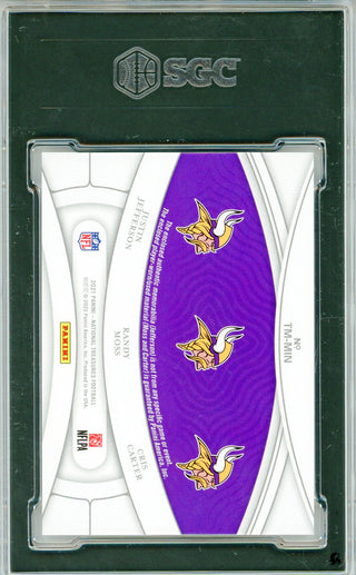 Justin Jefferson, Randy Moss & Cris Carter 2021 Panini National Treasures NFL Gear Trio Materials Card #TM-MIN (SGC)