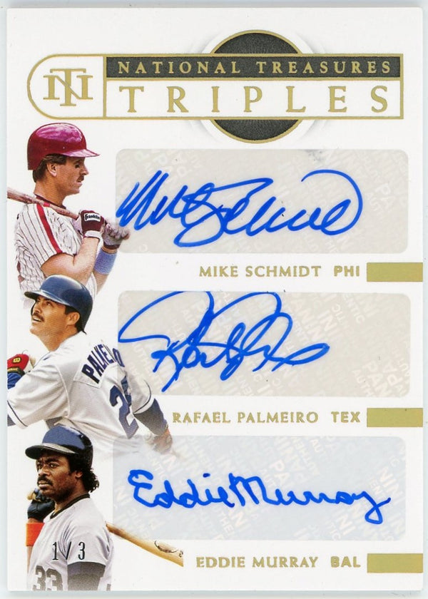 Mike Schmidt, Rafael Palmeiro & Eddie Murray Autographed 2021 Panini National Treasures Triples Card