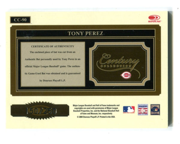 Tony Perez 2004 Donruss Playoff Century Collection Bat Card #CC90 150/250