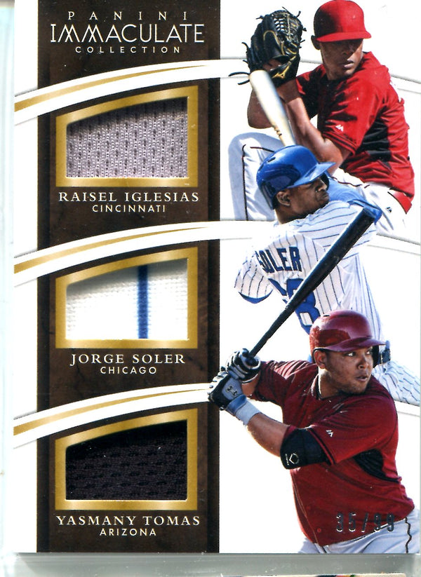 Raisel Iglesias, Jorge Soler, & Yasmany Tomas 2015 Panini Immaculate Collection Triple Patch Card #35/99