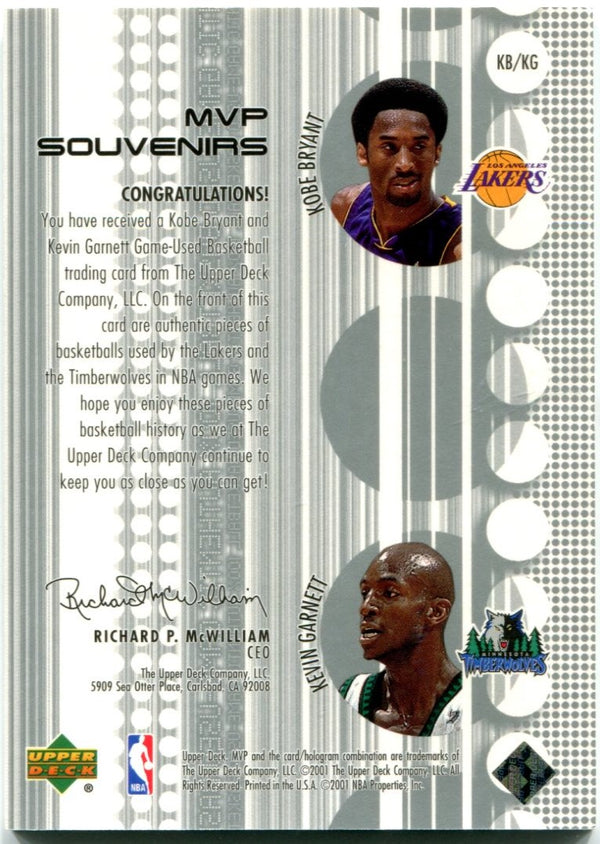 Kobe Bryant Kevin Garnett Upper Deck MVP Souvenirs 2008 Game Used Basketball Card