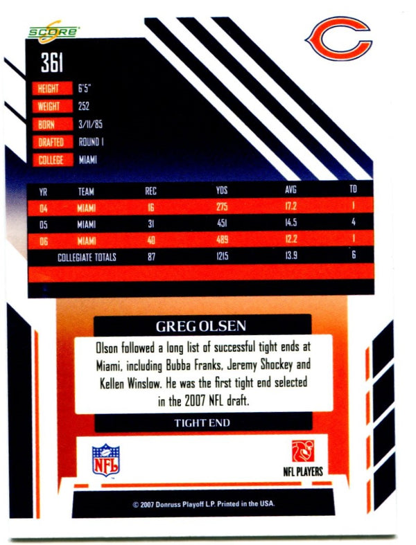 Greg Olsen Score Rookie Card 2007 #361