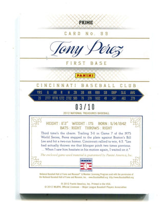 Tony Perez 2012 Panini National Treasures Patch Card #99 3/10
