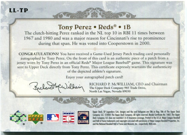 Tony Perez 2005 Upper Deck Lasting Legends Game-Worn Jersey/Autographed Card 25/25