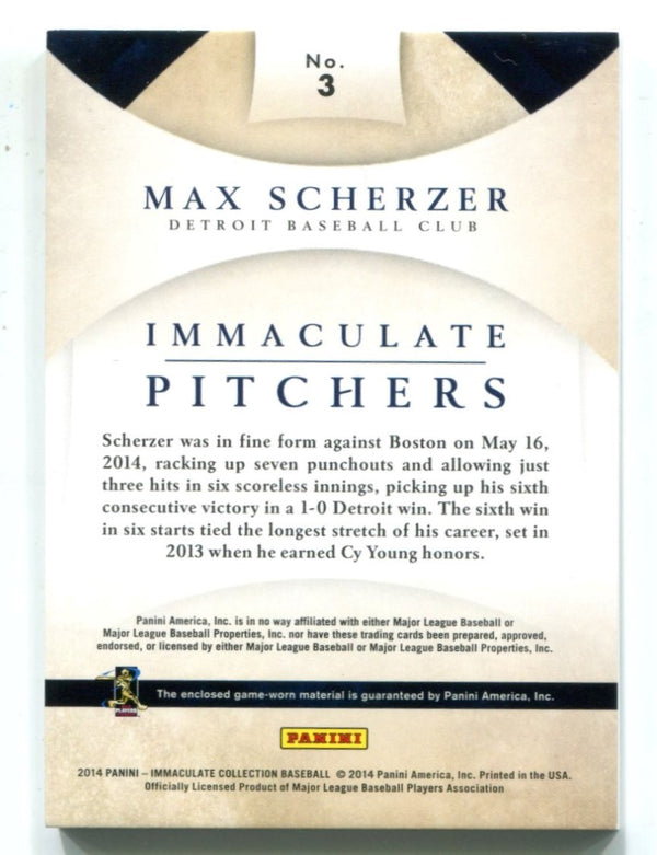 Max Scherzer 2014 Panini Immaculate Collection Jersey Patch #3 Card 28/99