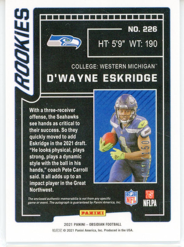 D'Wayne Eskridge Autographed 2021 Panini Obsidian Rookie Patch Card #226