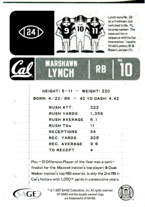 Marshawn Lynch 2007 Sage Rookie Card