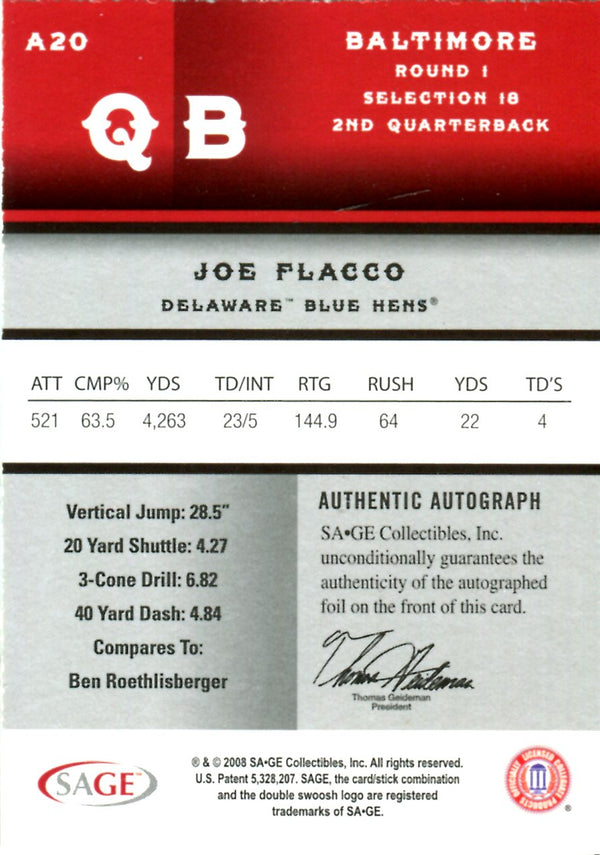 Joe Flacco 2008 Sage Autographed Card