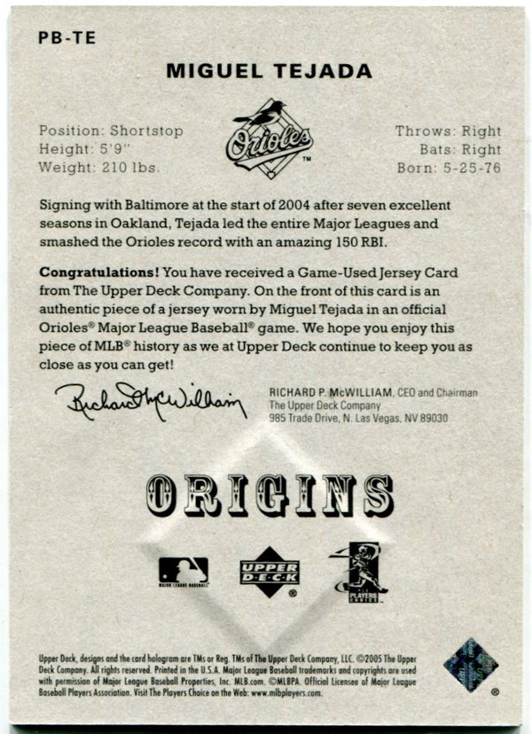 Miguel Tejada 2005 Upper Deck Origins Baseball Game Used Jersey Card