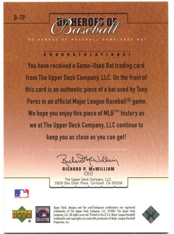 Tony Perez Upper Deck Heroes of Baseball Bat Card