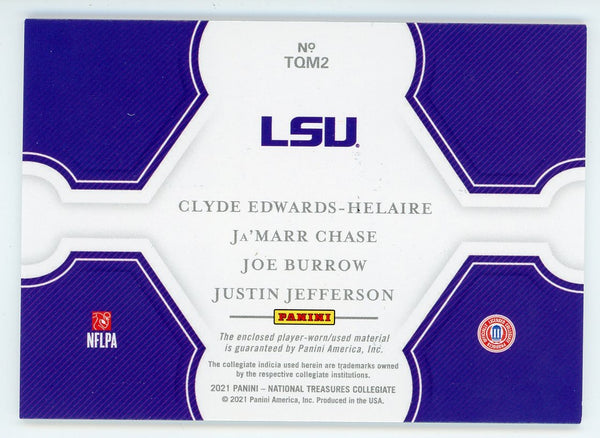 Joe Burrow, Clyde Edwards-Helaire, Ja'Marr Chase & Justin Jefferson 2021  Panini National Treasures Collegiate Jersey Card