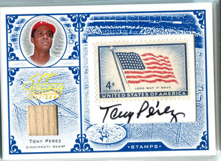 Tony Perez 2004 Donruss Playoff Postage Stamp, Bat, & Autographed Card  #9/37