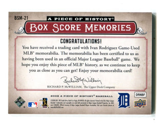 Ivan Rodriguez 2008 Upper Deck Box Score Memories Jersey Card #BSM21