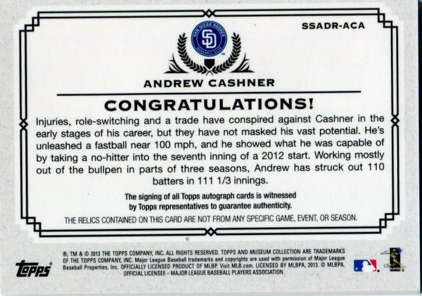 Andrew Cashner Autographed 2013 Topps Museum Collection Dual Relic Card