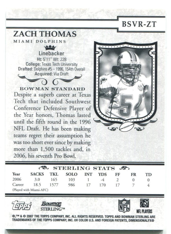Zach Thomas Bowman Sterling Authentic Pro Bowl Jersey Card