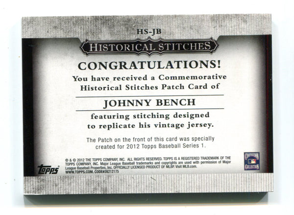 Johnny Bench 2012 Topps Historical Stiches Patch Card