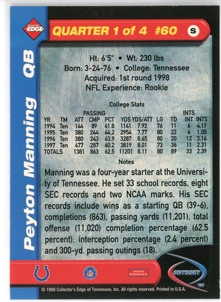Peyton Manning 1998 Collector's Edge Odyssey 1st Quarter Rookie Card #60