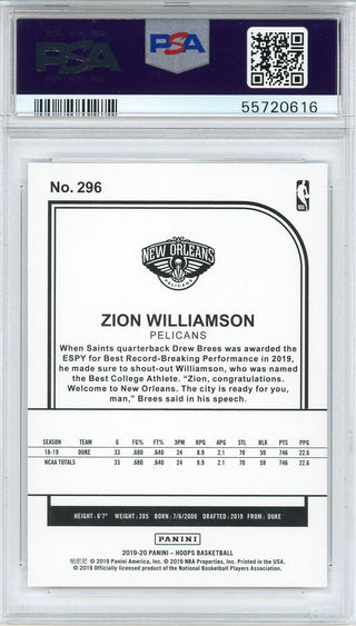 Zion Williamson 2019 Panini Hoops Rookie Card #296 (PSA)