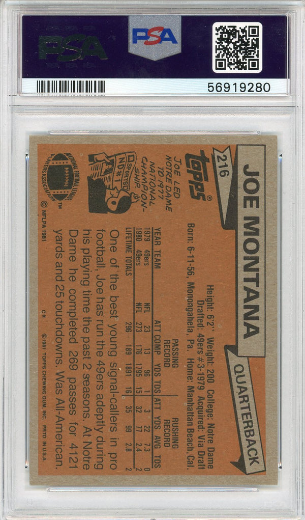 Joe Montana 1981 Topps Rookie Card #216 (PSA)