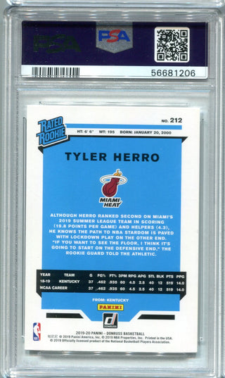 Tyler Herro 2019 Panini Donruss Rated Rookie #212 PSA Mint 9 Card