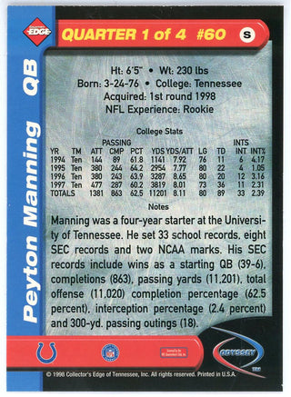 Peyton Manning 1998 Collector's Edge Odyssey 1st Quarter Rookie Card #60