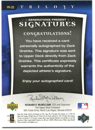 Zack Greinke Upper Deck Trilo3y Generations Present Signatures 084/199