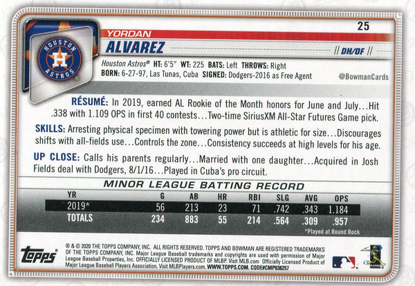 Yordan Alvarez Houston Astros 2020 Bowman # 25 Rookie Card