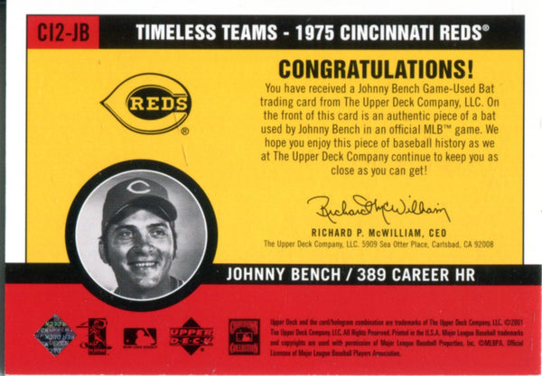 Johnny Bench 2001 Upper Deck Game Used Bat Card