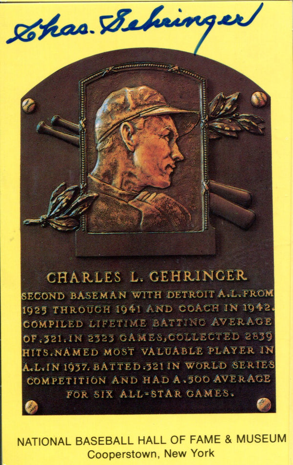 Chas. Gehringer Autographed Hall of Fame Plaque