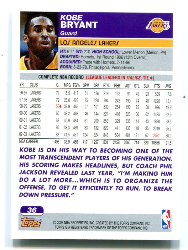Kobe Bryant 2003-04 Topps #36 Card