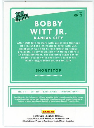 Bobby Witt Jr. 2020 Panini Donruss Rated Prospect Bronze Card #RP-2