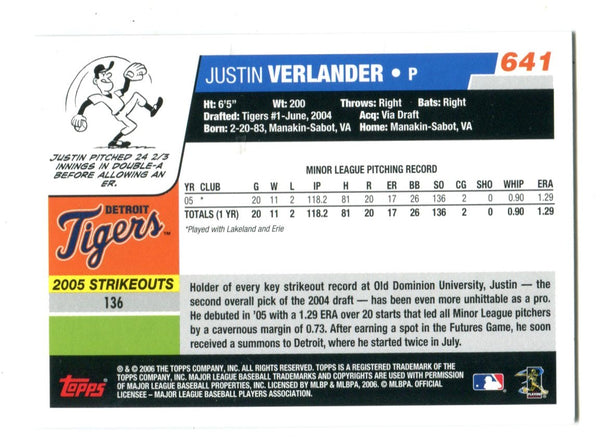 Justin Verlander 2006 Topps #641 Rookie Card