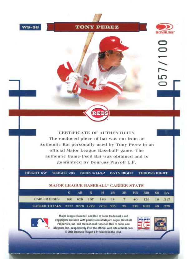 Tony Perez 2004 Donruss Authentic Game Used Bat Card