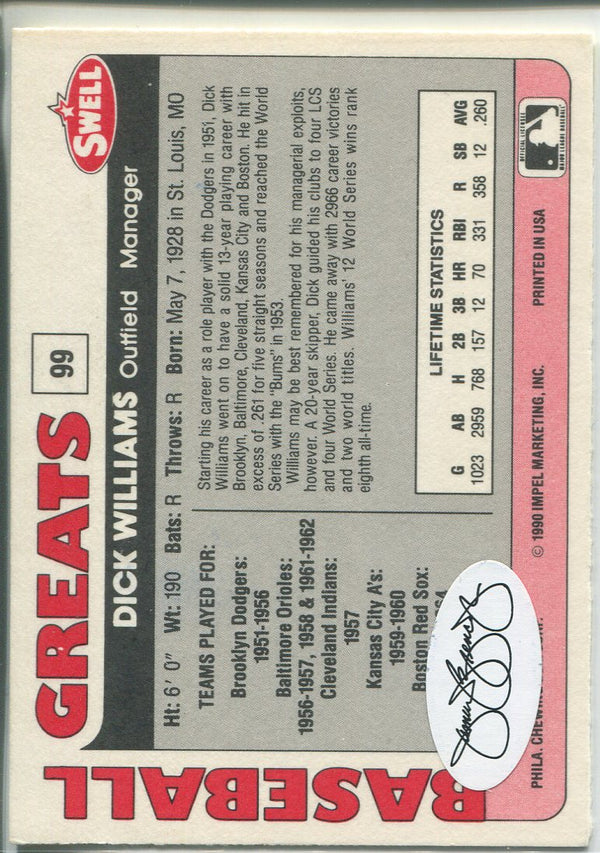 Dick Williams Autographed 1990 Swell Baseball Greats Card (JSA)
