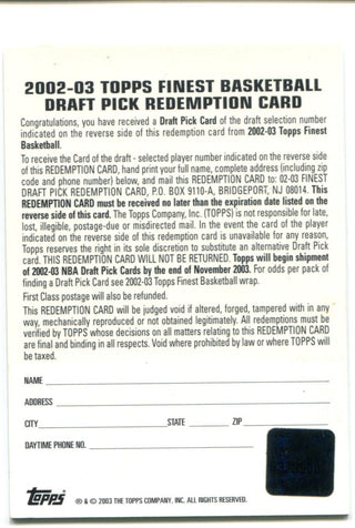 Dwyane Wade 2003 Topps Fines Draft Pick NBA Draft Redemption Card