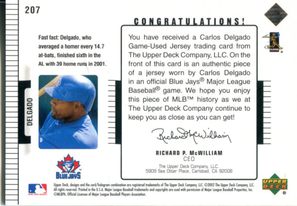Carlos Delgado 2002 Upper Deck Game Worn Jersey Card 527/775