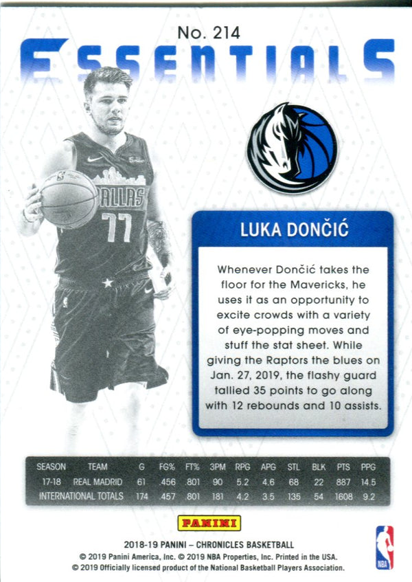 Luka Doncic 2019 Panini Chronicles Essentials Rookie Card #214