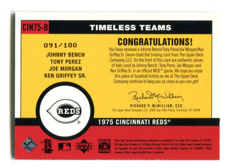 Bench/Perez/Morgan/Griffey Sr. 2001 Upper Deck Timeless Teams Bat Card /100