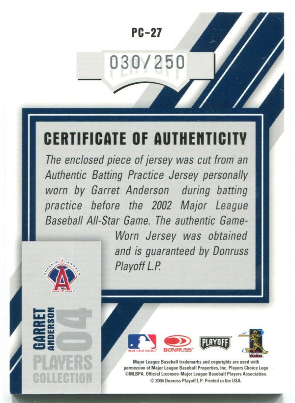 Garret Anderson 2004 Playoff Honors Authentic Game Worn Jersey Card 030/250