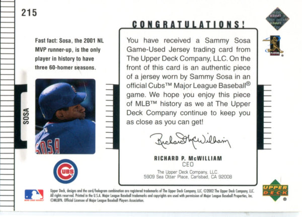 Sammy Sosa 2002 Upper Deck Game Used Jersey Card 463/775