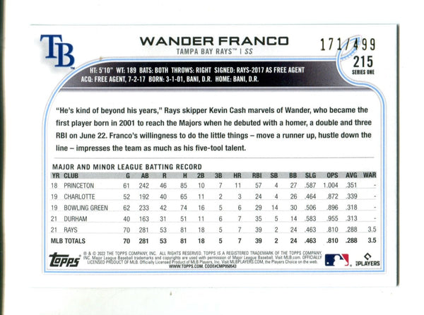 Wander Franco 2022 Topps Series One Green Reverse Foil #215  141/499 Card