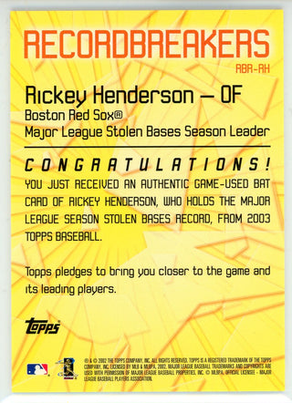 Rickey Henderson 2002 Topps Record Breakers #ABA-RH Bat Card