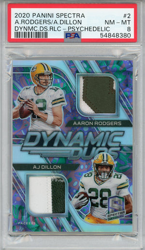 Aaron Rodgers & AJ Dillon 2020 Panini Spectra Dynamic Duos Psychedelic Prizm Rookie Jersey Card #2 (PSA)
