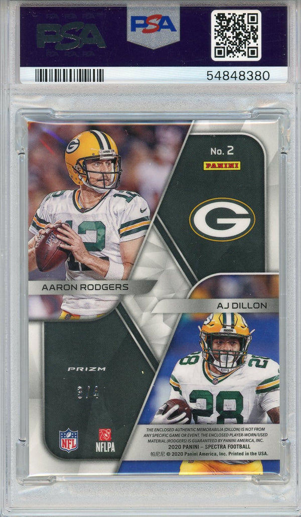 Aaron Rodgers & AJ Dillon 2020 Panini Spectra Dynamic Duos Psychedelic Prizm Rookie Jersey Card #2 (PSA)