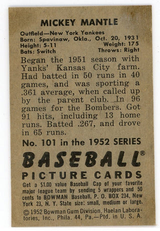Mickey Mantle 1952 Bowman Card #101