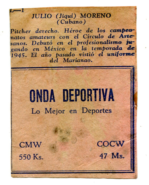 Julio Moreno Havana Cuba Baseball Card
