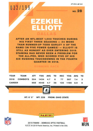 Ezekiel Elliot 2019 Donruss Optic Orange Prizm Card 32/199