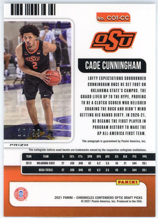 Cade Cunningham Autographed 2021 Panini Contenders Optic Silver Rookie Card